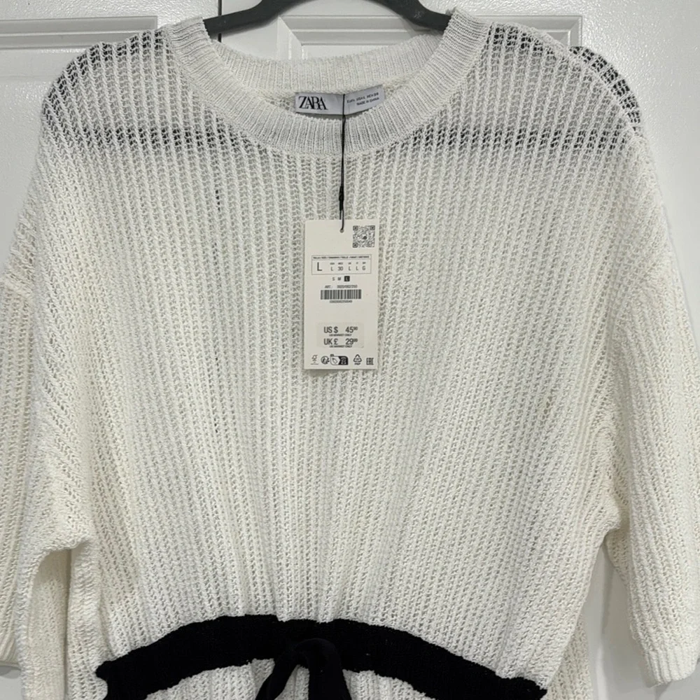 Zara Cream Knit Sweater with Black Waist Tie - Picture 3 of 3